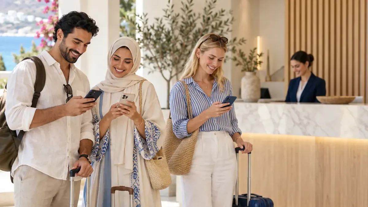 Guests from different countries at a hotel reception, looking at their phones