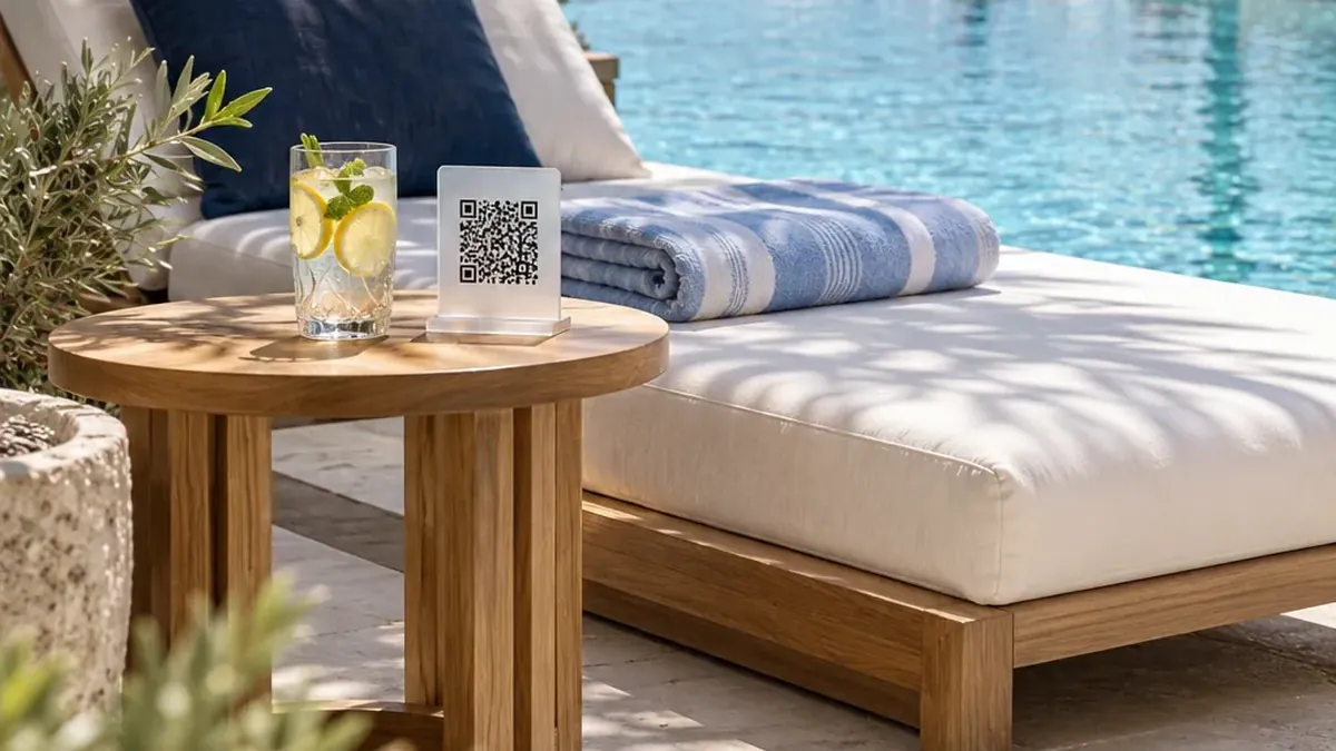 A QR stand and a lemonade on a small table next to a sunbed by the pool