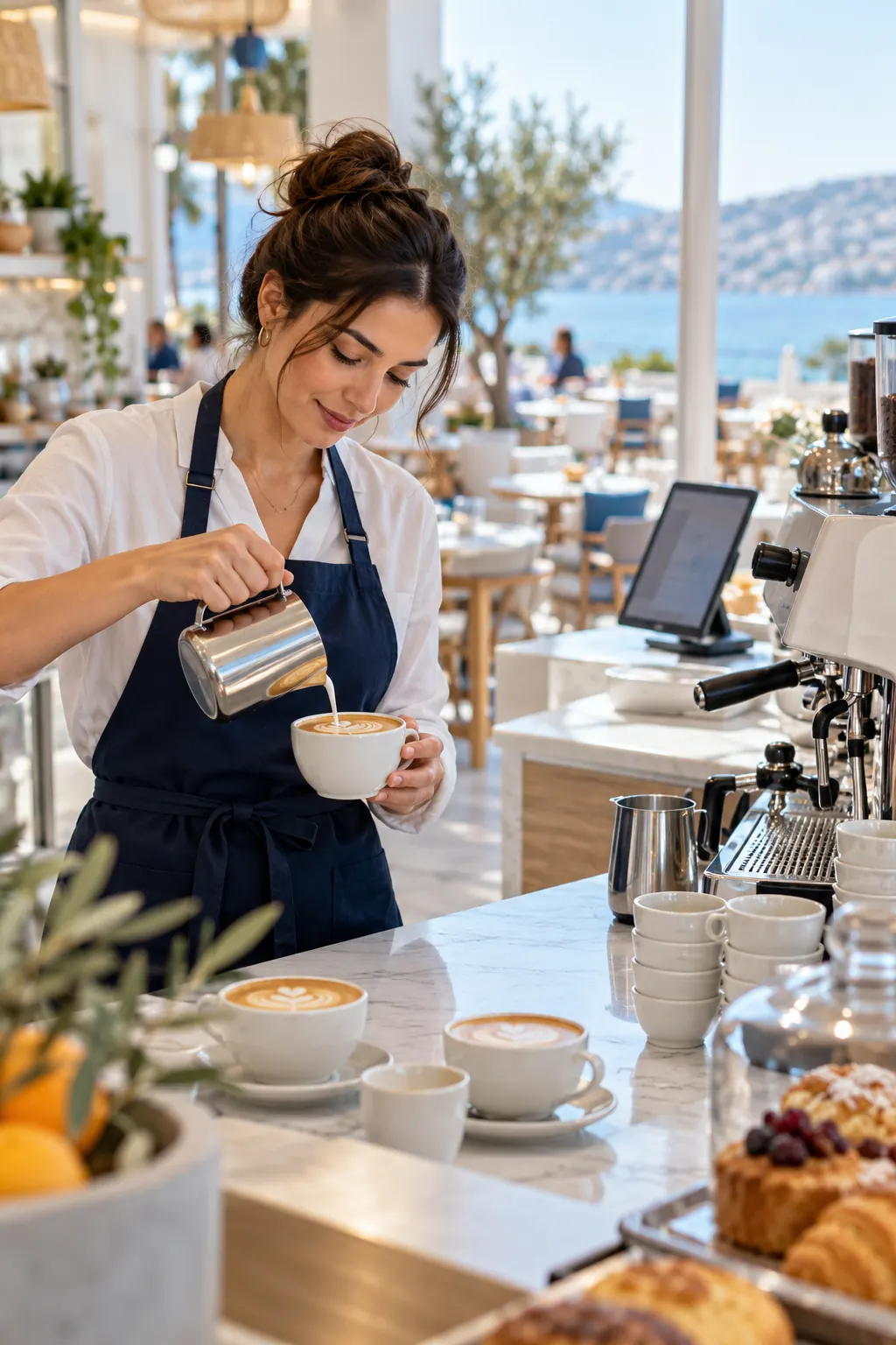 Espresso barında latte döken barista; arkada sipariş tableti