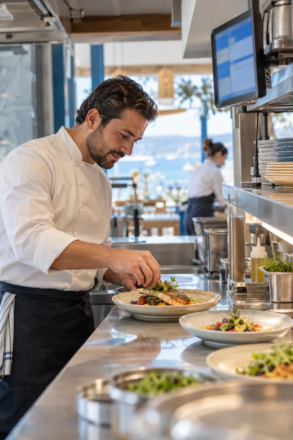 Restoran mutfağında servis tezgâhında tabak hazırlayan şef; üstte sipariş ekranı