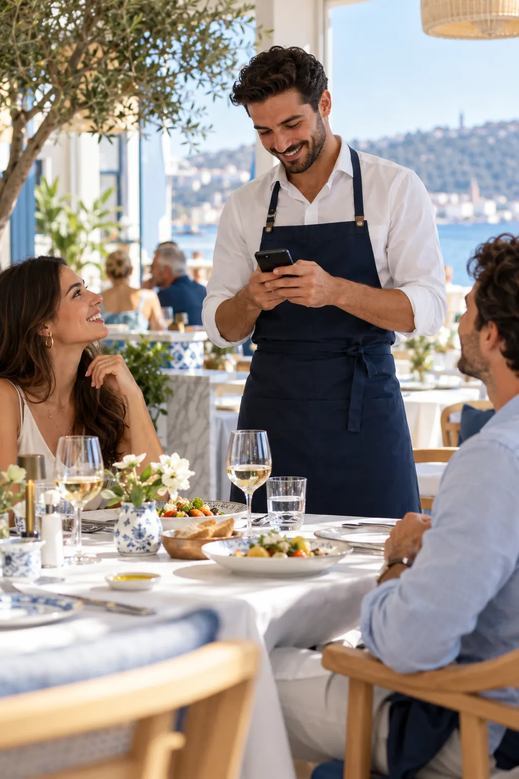 Restoranda misafirlerin siparişini telefonuna giren garson