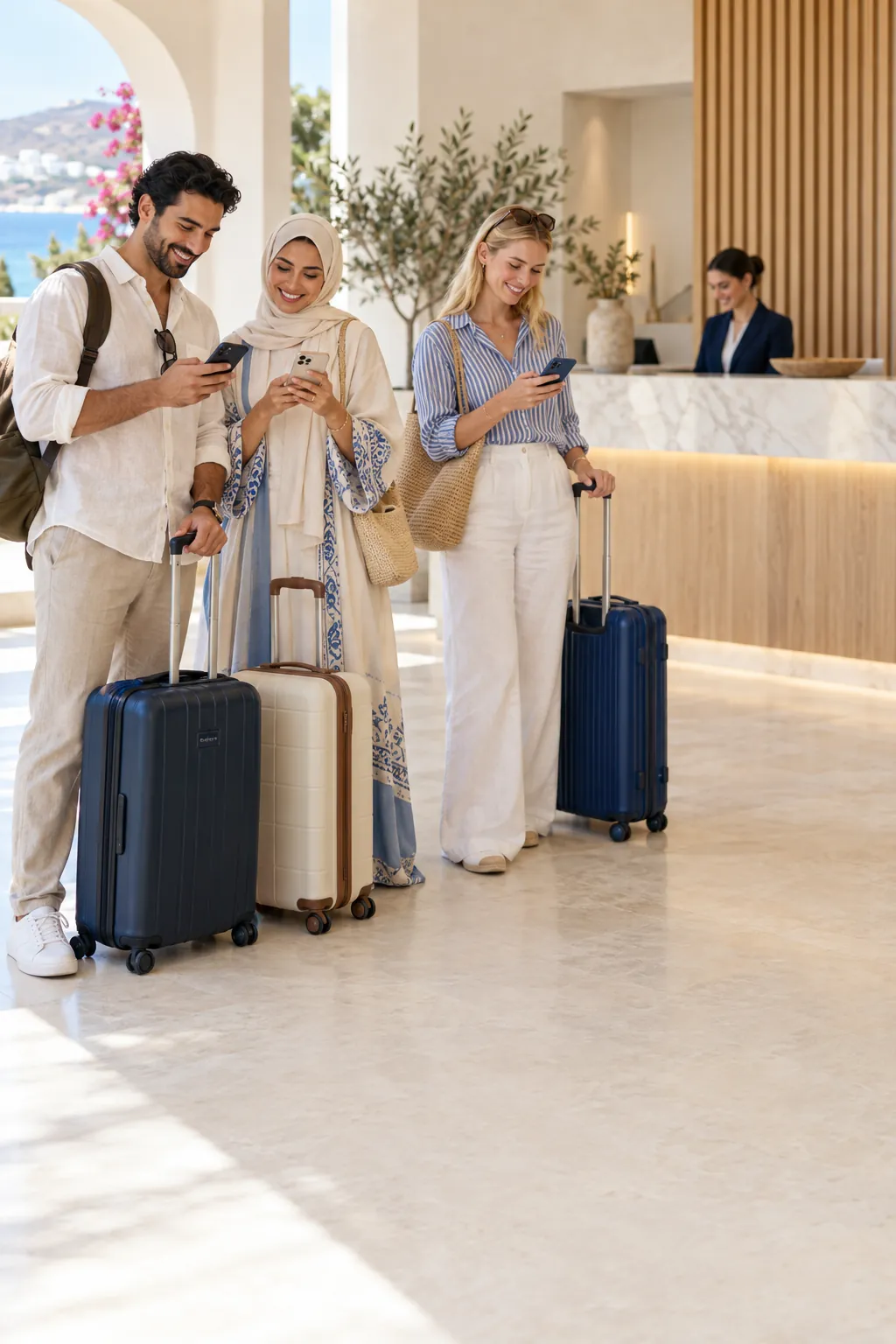 Otel resepsiyonunda telefonlarına bakan farklı ülkelerden misafirler