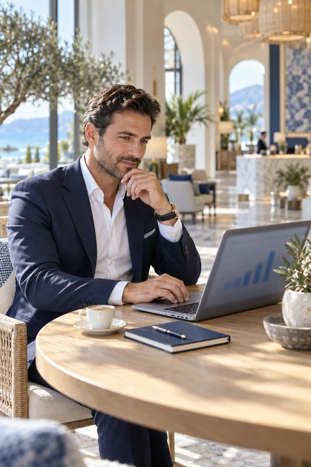 Otel lobisinde dizüstü bilgisayarında raporları inceleyen otel müdürü