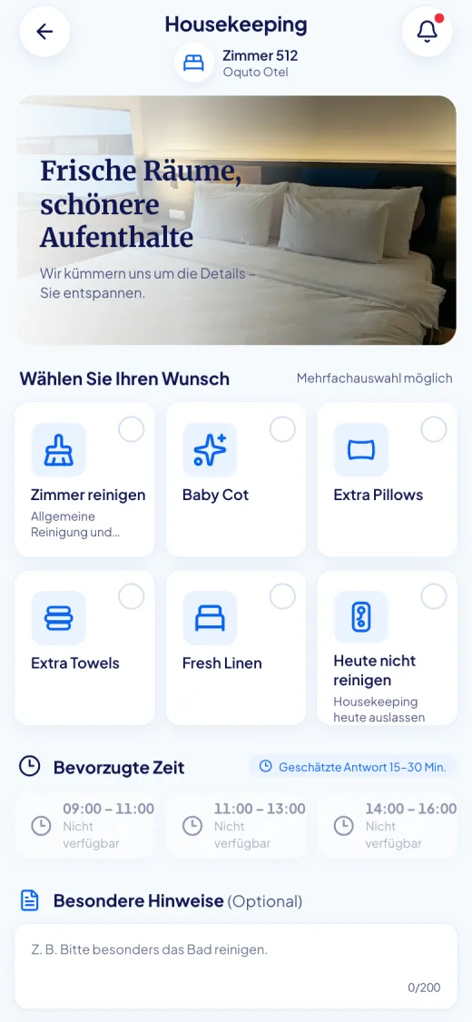 Bildschirmfoto des Oquto Gästeportals: Housekeeping