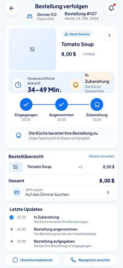 Bildschirmfoto des Oquto Gästeportals: Bestellstatus