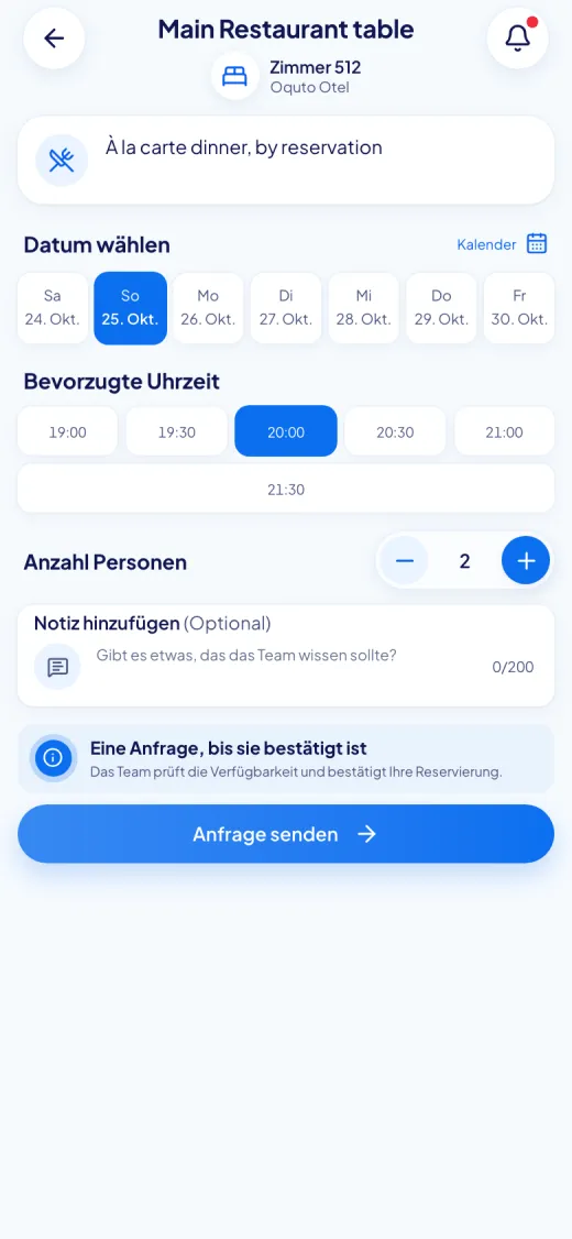 Bildschirmfoto des Oquto Gästeportals: Tischreservierung im Restaurant