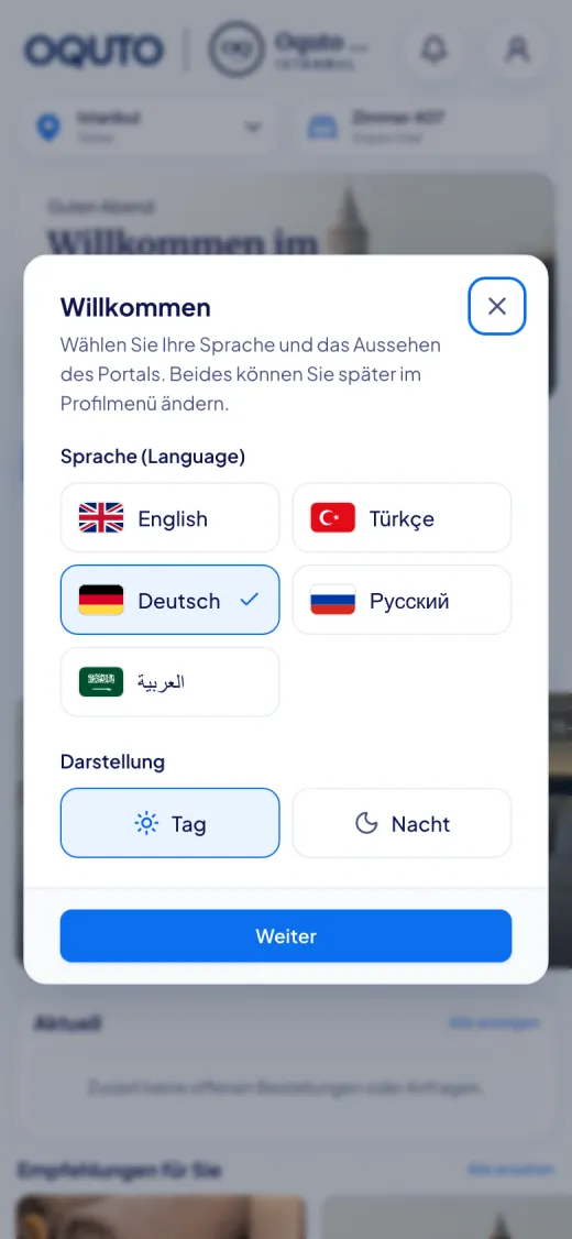 Bildschirmfoto des Oquto Gästeportals: Sprachauswahl