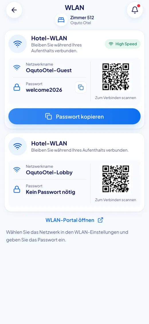 Bildschirmfoto des Oquto Gästeportals: WLAN-Daten