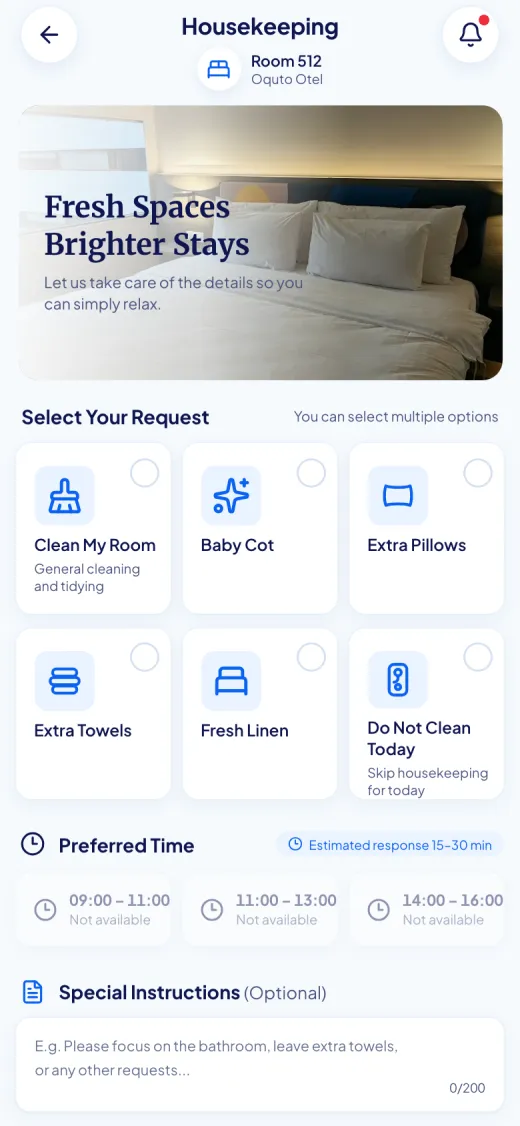 Screenshot of the Oquto guest portal: Housekeeping