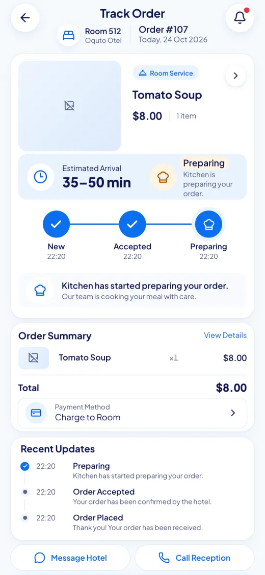 Screenshot of the Oquto guest portal: Order tracking