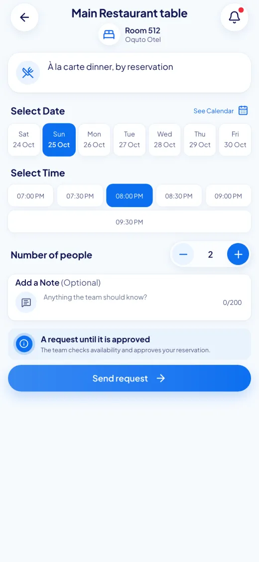 Screenshot of the Oquto guest portal: Restaurant table booking