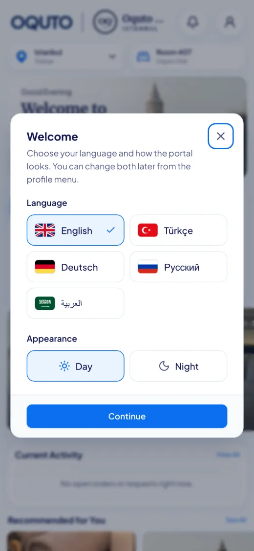 Screenshot of the Oquto guest portal: Language choice