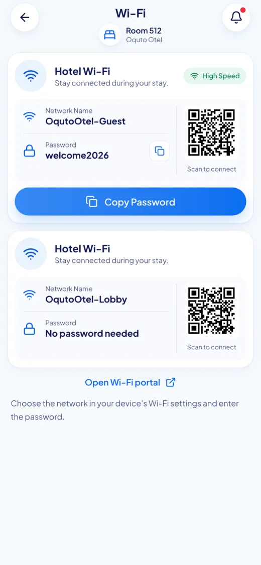 Screenshot of the Oquto guest portal: Wi-Fi details