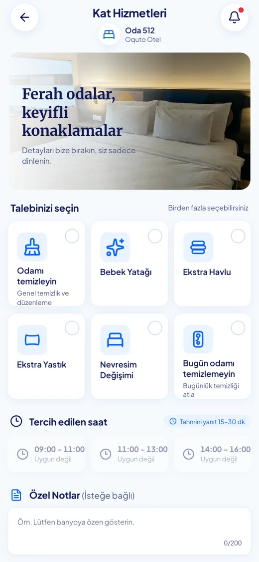 Oquto misafir portalının ekran görüntüsü: Kat hizmetleri