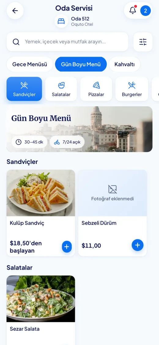 Oquto misafir portalının ekran görüntüsü: Oda servisi menüsü