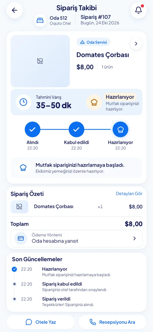 Oquto misafir portalının ekran görüntüsü: Sipariş takibi