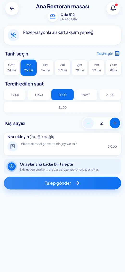Oquto misafir portalının ekran görüntüsü: Restoran masası rezervasyonu