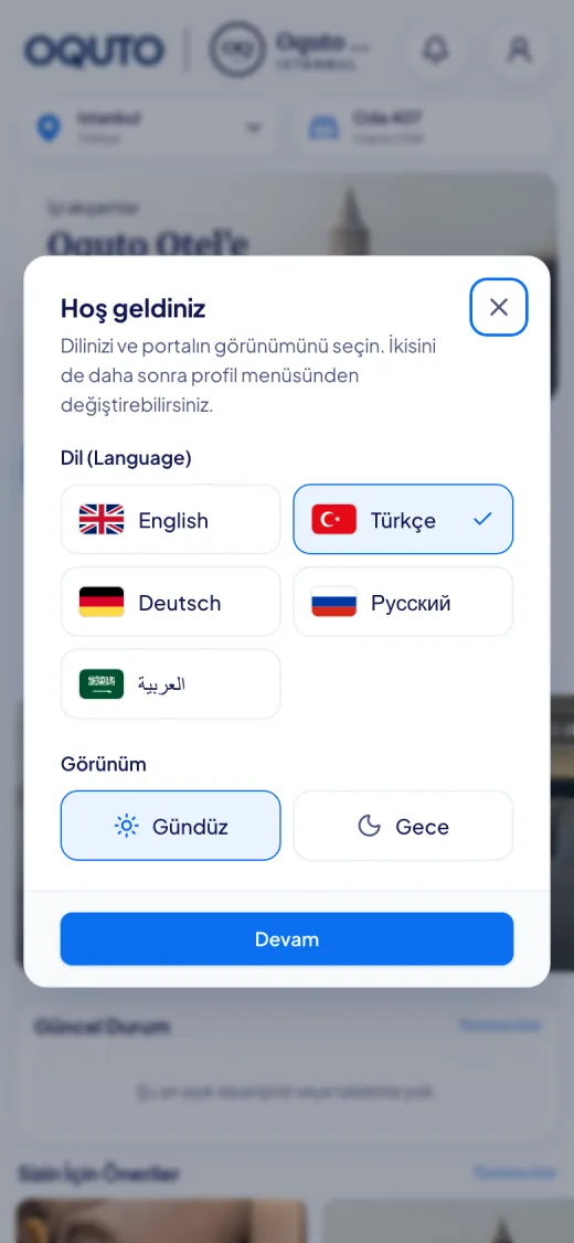 Oquto misafir portalının ekran görüntüsü: Dil seçimi