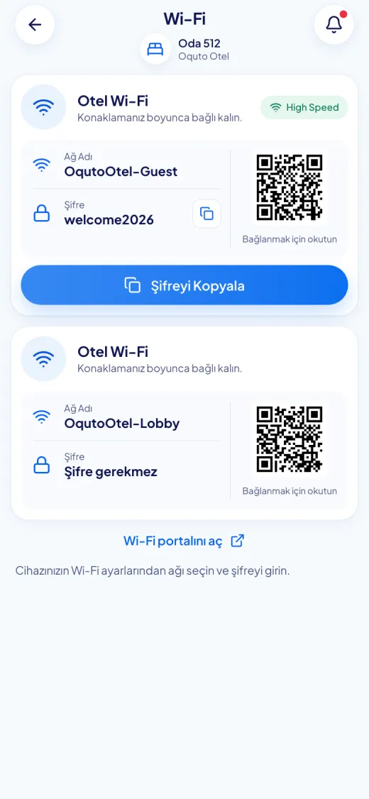 Oquto misafir portalının ekran görüntüsü: Wi-Fi bilgileri