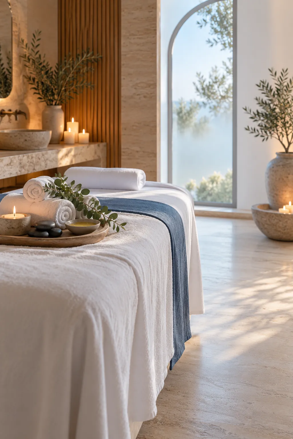 Mumlarla aydınlatılmış sakin bir otel spa odası